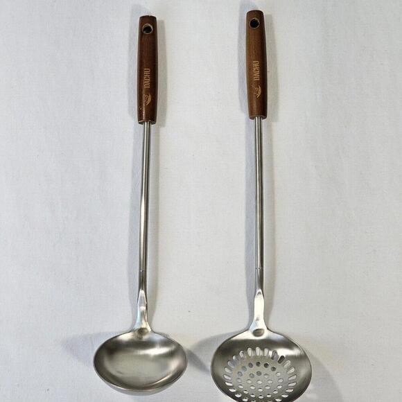 Dachu Spoon Skimmer Laddle Set Wood Handled Stainless Steel - Picture 2 of 8